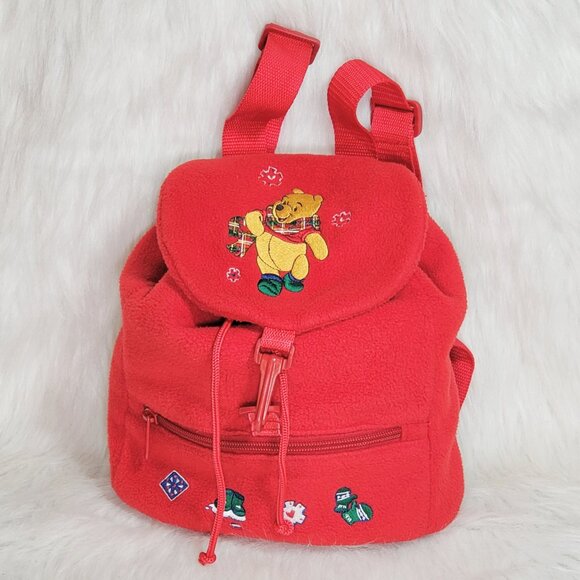 Y2K Cozy Day DISNEY STORE Winnie The Pooh Fleece Red Embroidered Backpack rvhtf - Picture 3 of 13